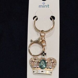 BAG CHARM Mint Gold Tone Crystal Crown Keychain with Sparkling Green Jewel